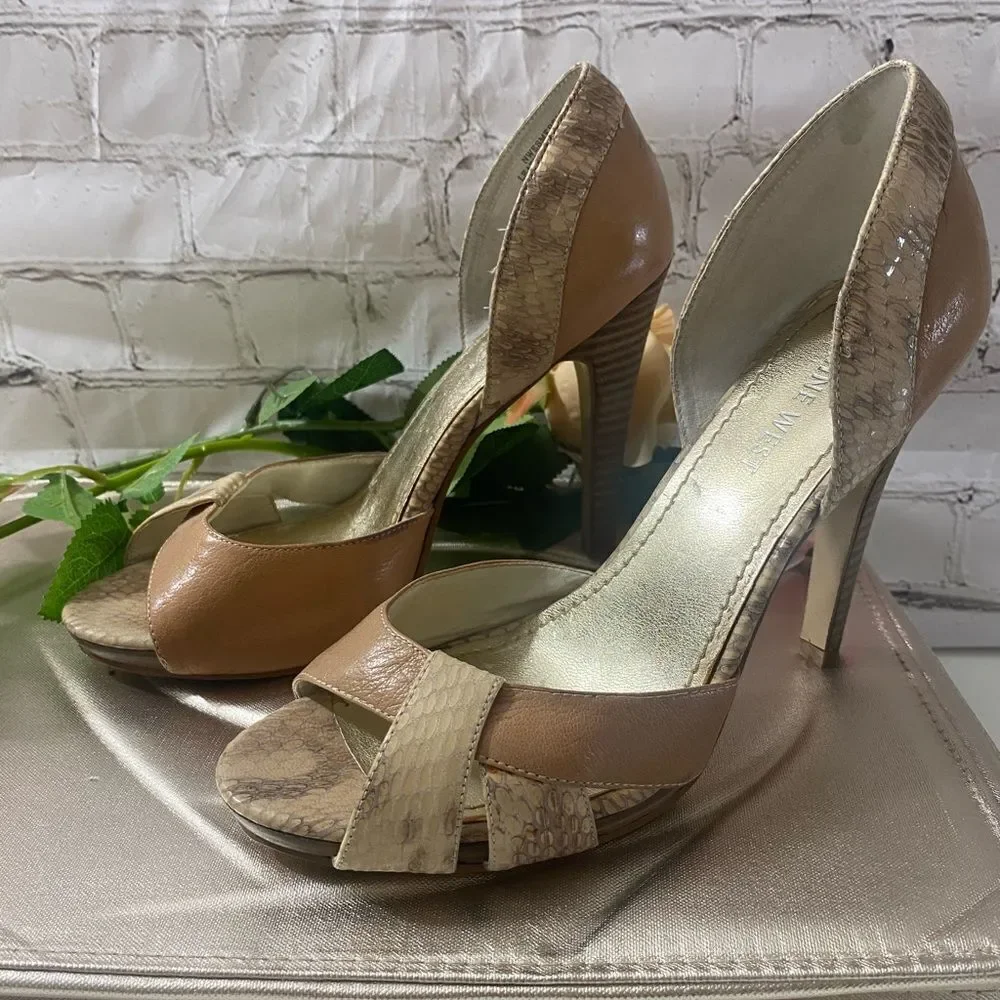 Nine West Tan snake print Peep-Toe Heels